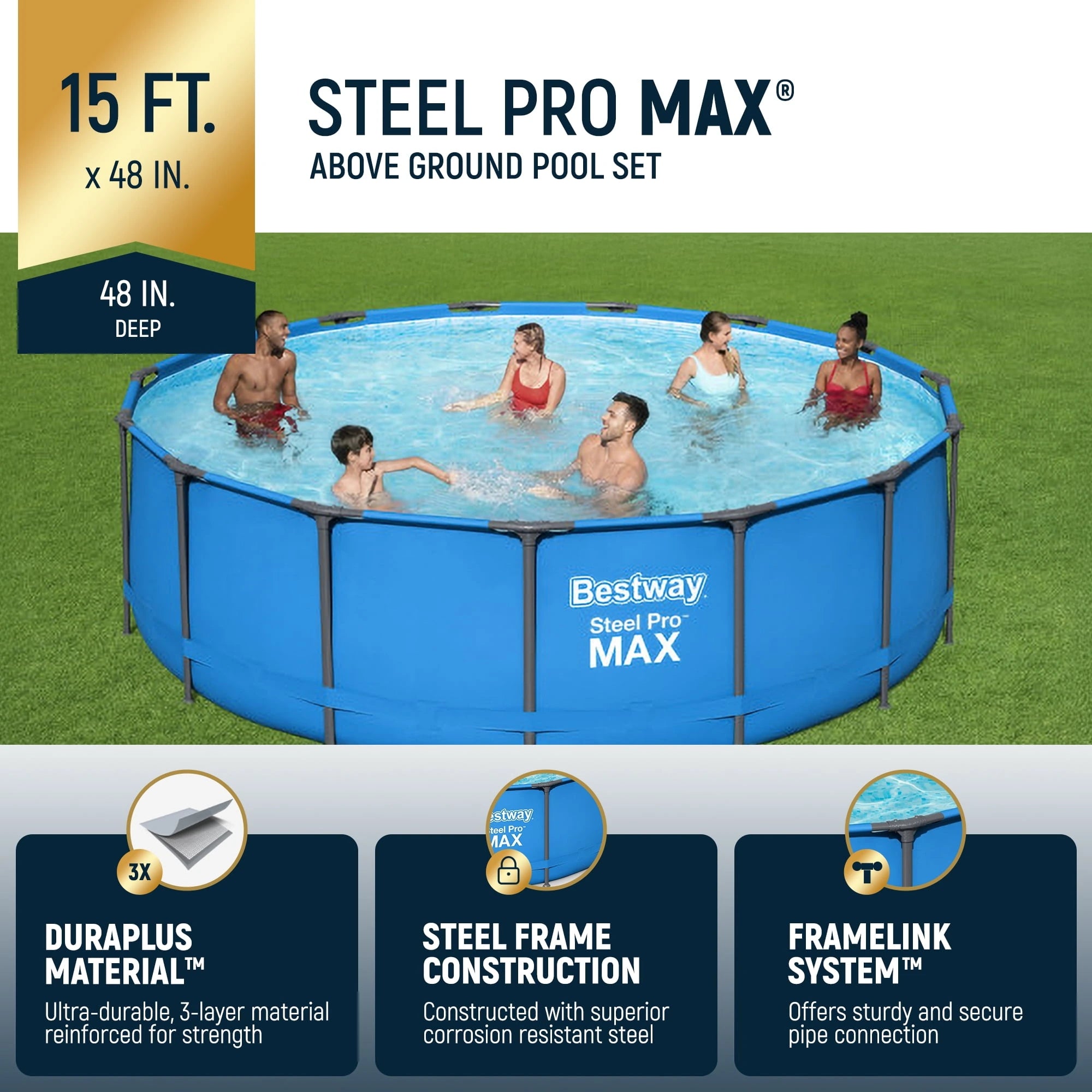 Bestway Steel Pro MAX 15′ x 48″ Round Above Ground Swimming Pool & Pool Ladder image 1