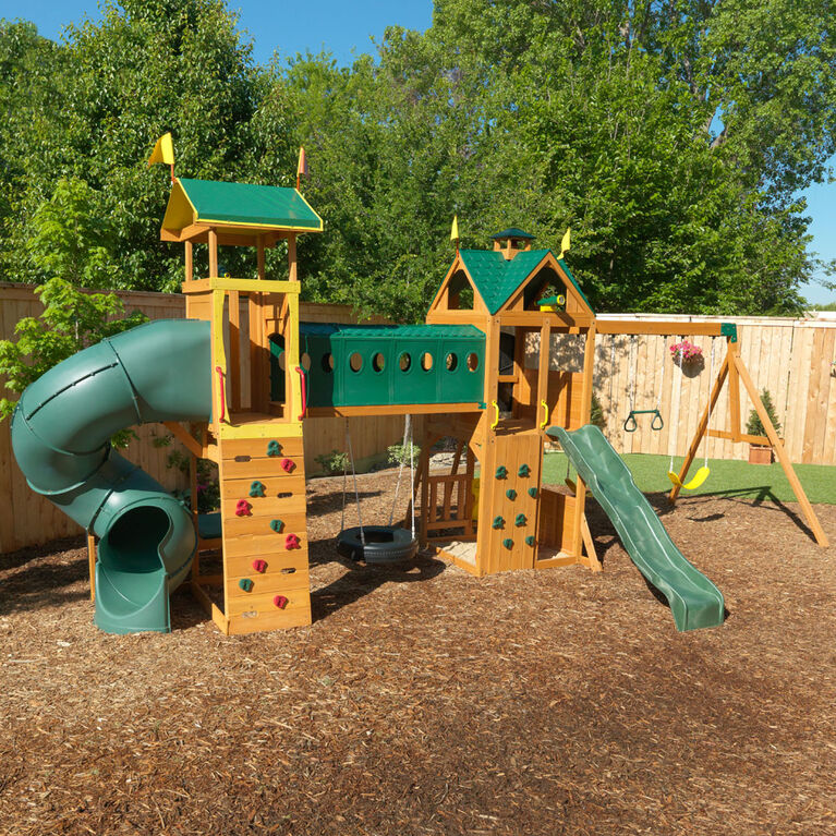 KidKraft Mockingbird View Wooden Swing Set / Playset with Tower, Hoop, Tunnel, and Tire Swing image 2