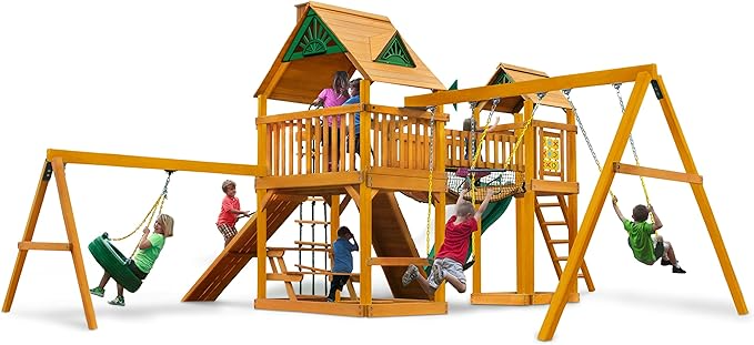 Gorilla Playsets Pioneer Peak Treehouse Wooden Swing Set with Tire Swing, and Clatter Bridge and Tower image 2