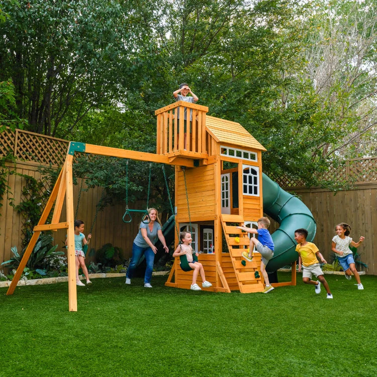 KidKraft Ridgemoor Perch Wood Swing Set with Playhouse, Rock Wall, and Tunnel Slide image 2