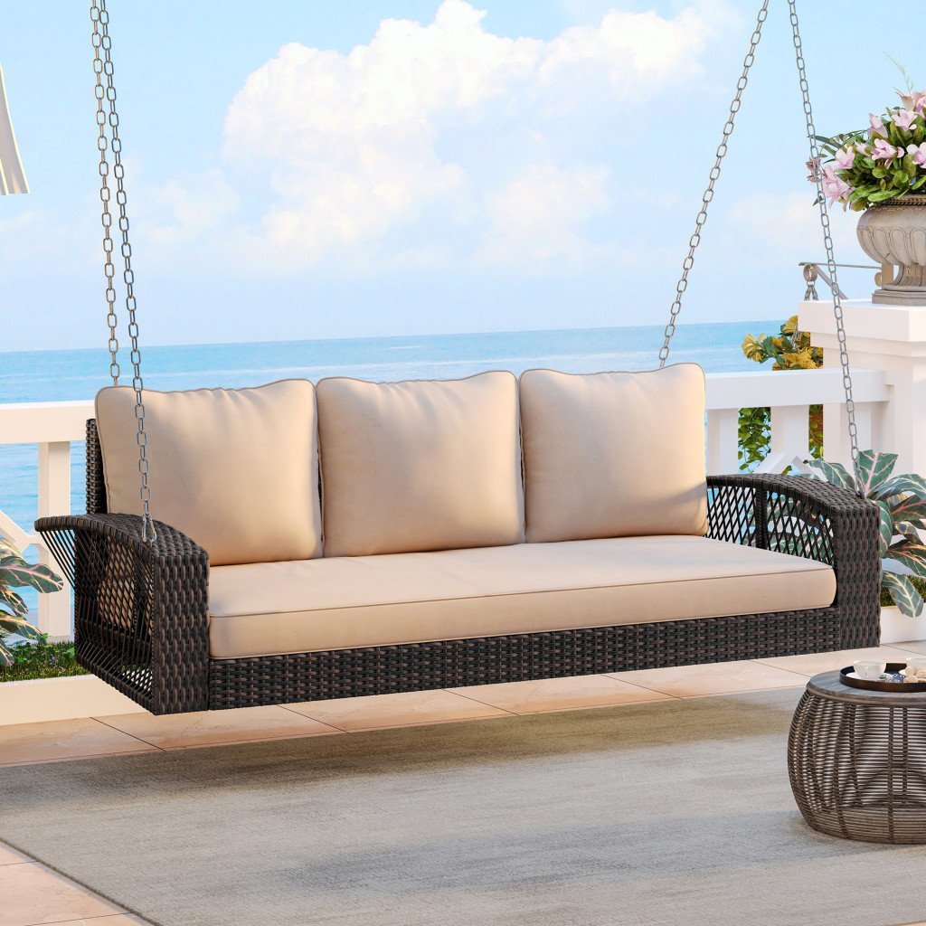 69″ Brown Woven Rattan Outdoor Swing Chair with Beige Cushions image 2