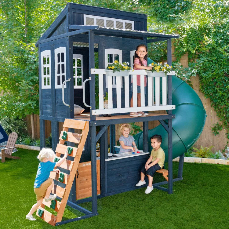 KidKraft Cozy Escape Navy Two-Story Wood Playhouse with Tube Slide and Clubhouse image 0