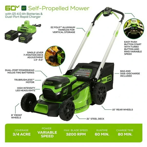 Greenworks 60V 21″ Brushless Self-Propelled Battery Powered Lawn Mower + (2) 4.0Ah Batteries & Dual Port Charger image 4