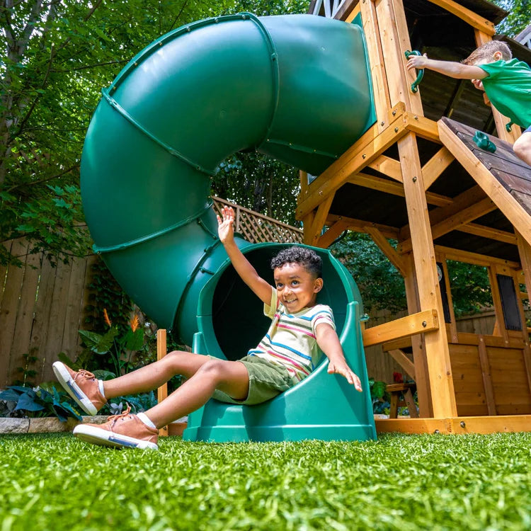 KidKraft Adventure Bend Two-Story Wood Swing Set with Clubhouse, Triple Slide, and Acrobar image 6