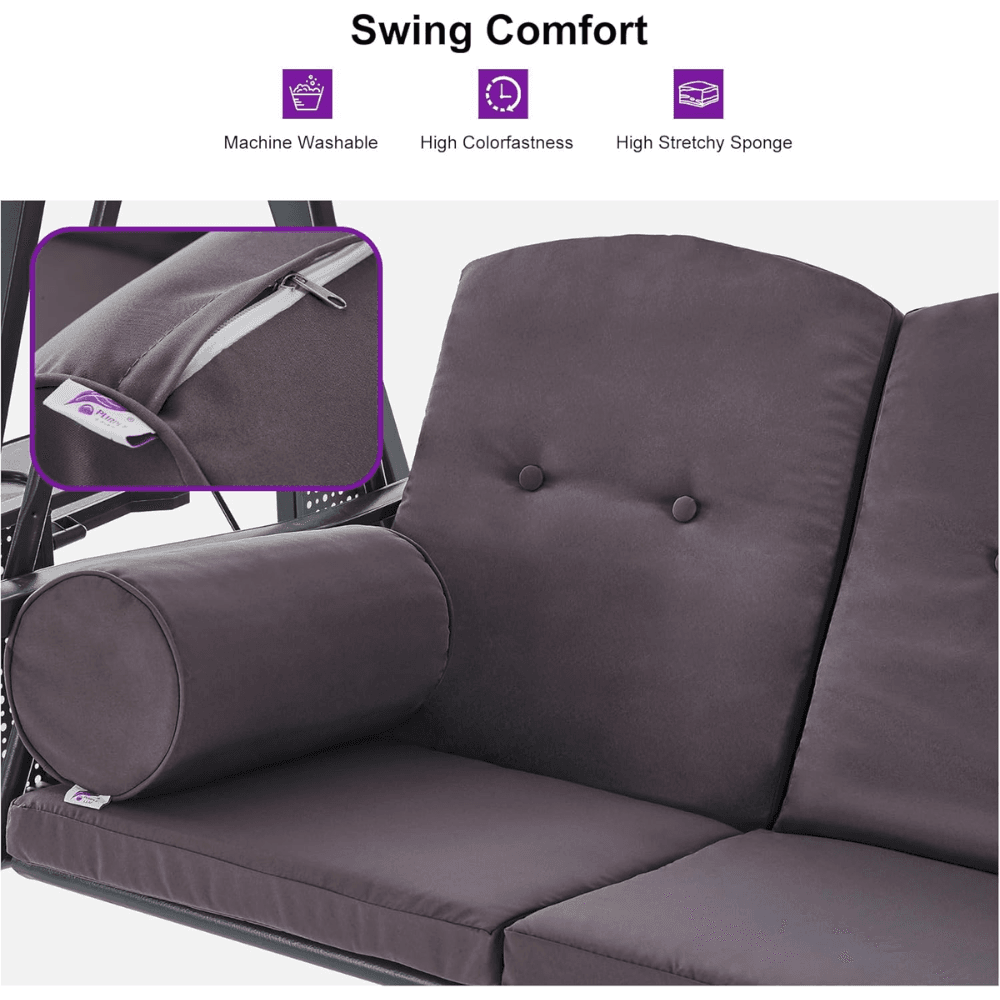 PURPLE LEAF 3-seat Outdoor Patio Porch Swing Adjustable Backrest, Cushions and Pillow Included image 3