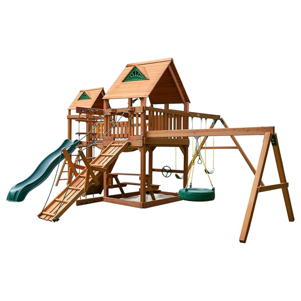 Gorilla Playsets Pioneer Peak Treehouse Wooden Swing Set with Tire Swing, and Clatter Bridge and Tower image 0