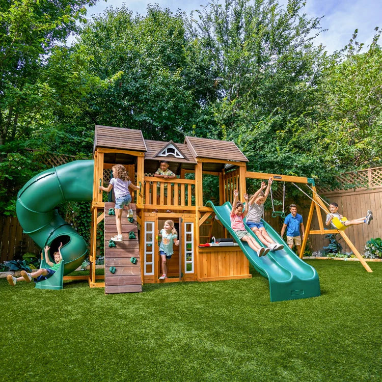 KidKraft Adventure Bend Two-Story Wood Swing Set with Clubhouse, Triple Slide, and Acrobar image 0
