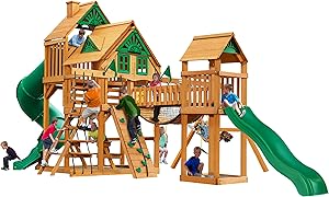 Gorilla Playsets Pioneer Peak Treehouse Wooden Swing Set with Tire Swing, and Clatter Bridge and Tower image 3