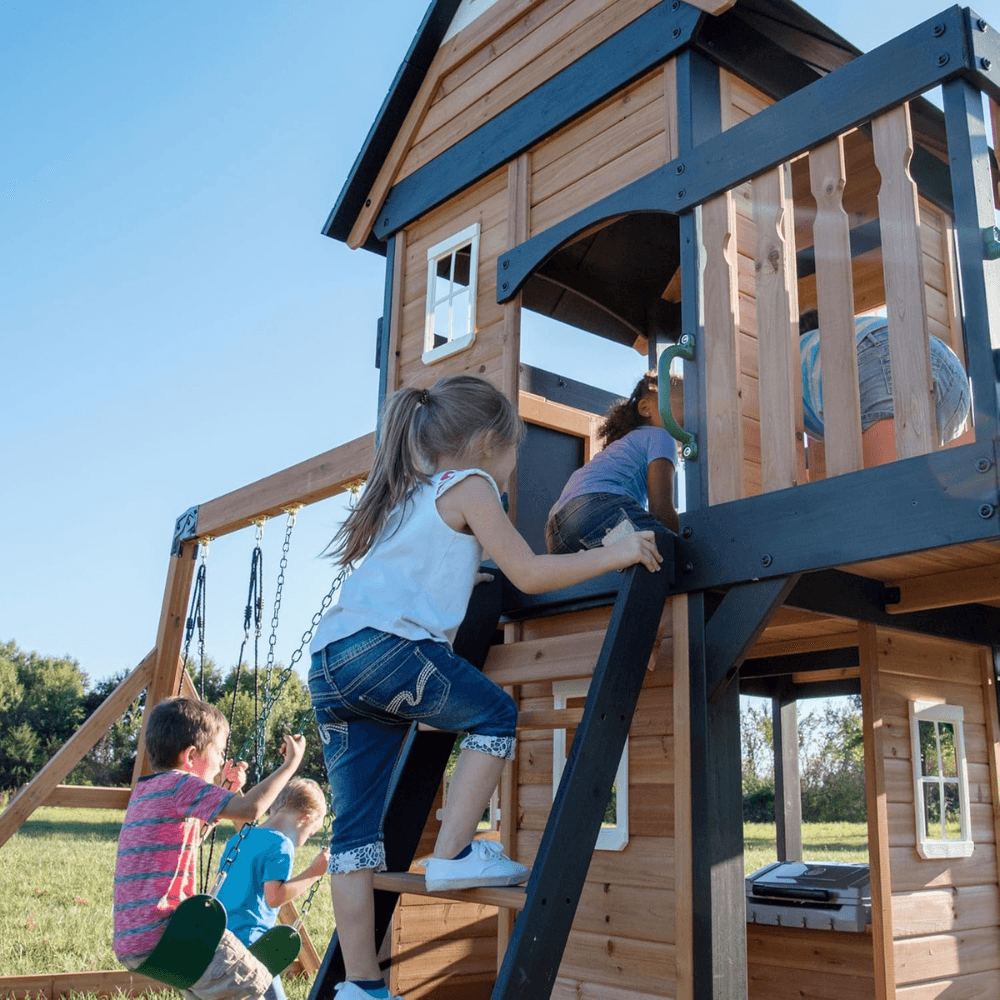 Canyon Creek All Cedar Swing Set Playset w/ Rockwall Upper Fort Belt Swings Web Swing Gray Wave Slide, and Play Kitchen image 3