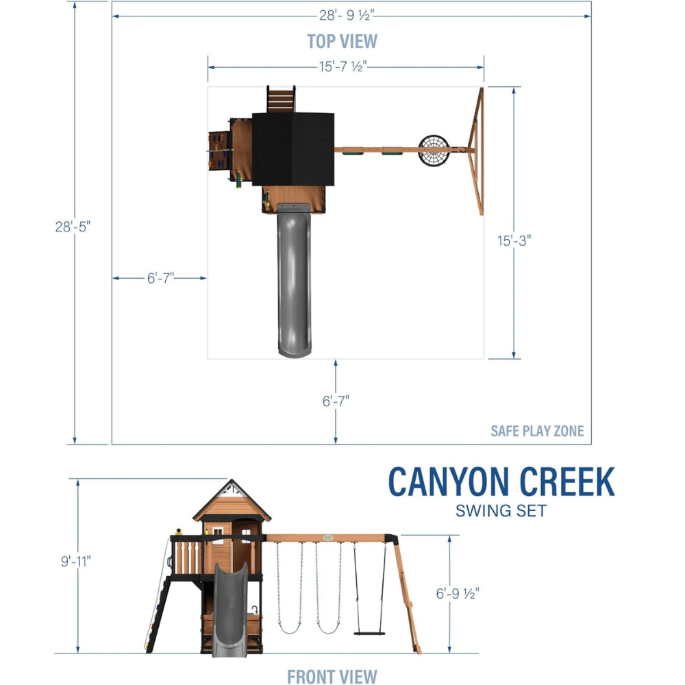 Canyon Creek All Cedar Swing Set Playset w/ Rockwall Upper Fort Belt Swings Web Swing Gray Wave Slide, and Play Kitchen image 7