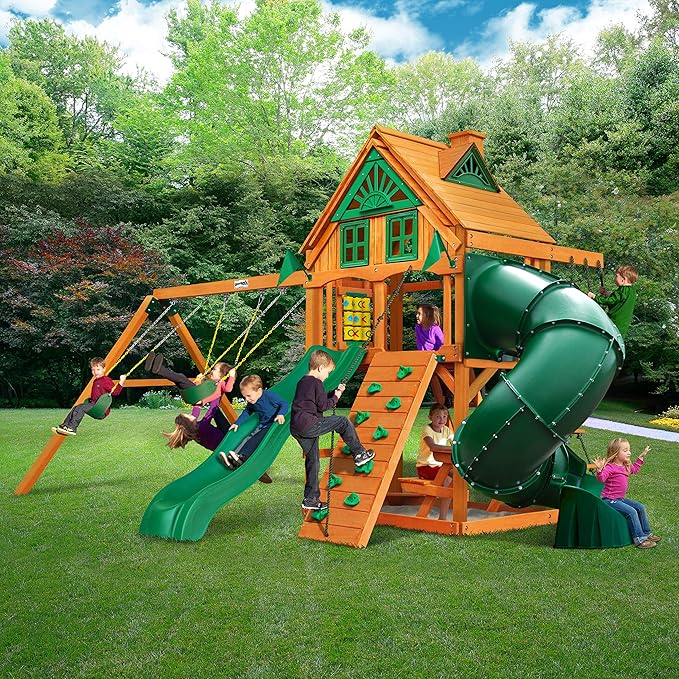 Gorilla Playsets Mountaineer Treehouse Wooden Swing Set with Tube Slide, Rope Ladder, and Sandbox image 1