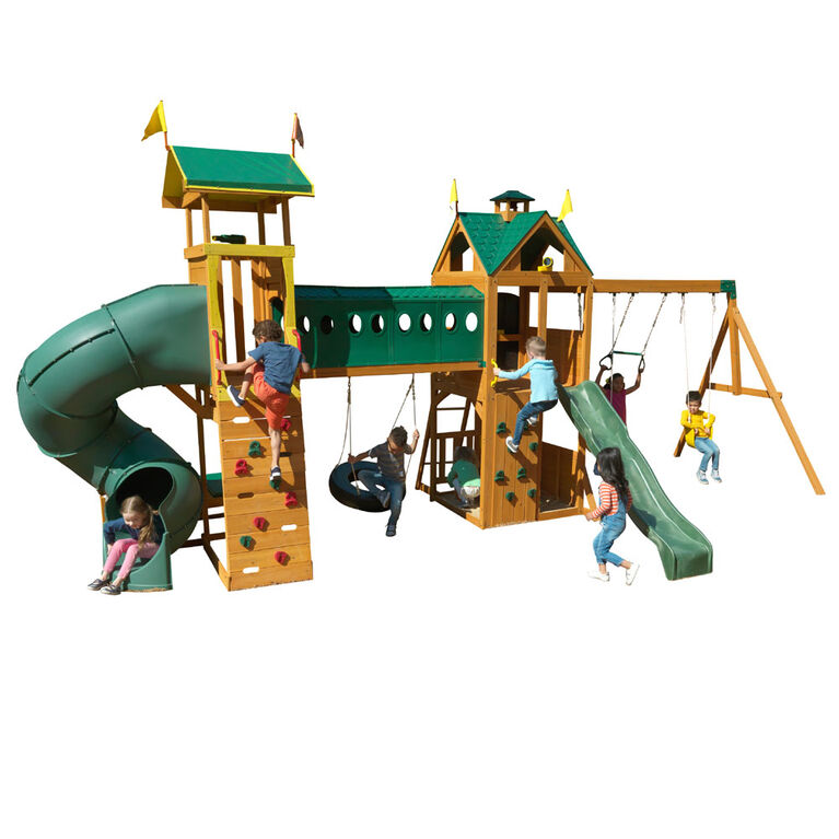 KidKraft Mockingbird View Wooden Swing Set / Playset with Tower, Hoop, Tunnel, and Tire Swing image 1