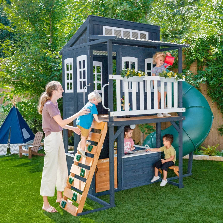 KidKraft Cozy Escape Navy Two-Story Wood Playhouse with Tube Slide and Clubhouse image 2