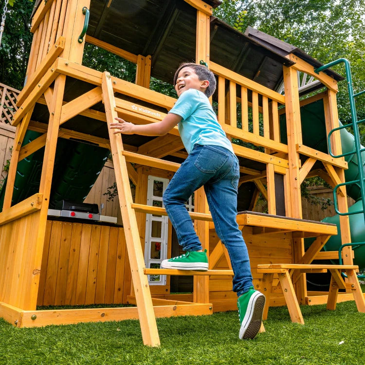 KidKraft Adventure Bend Two-Story Wood Swing Set with Clubhouse, Triple Slide, and Acrobar image 5
