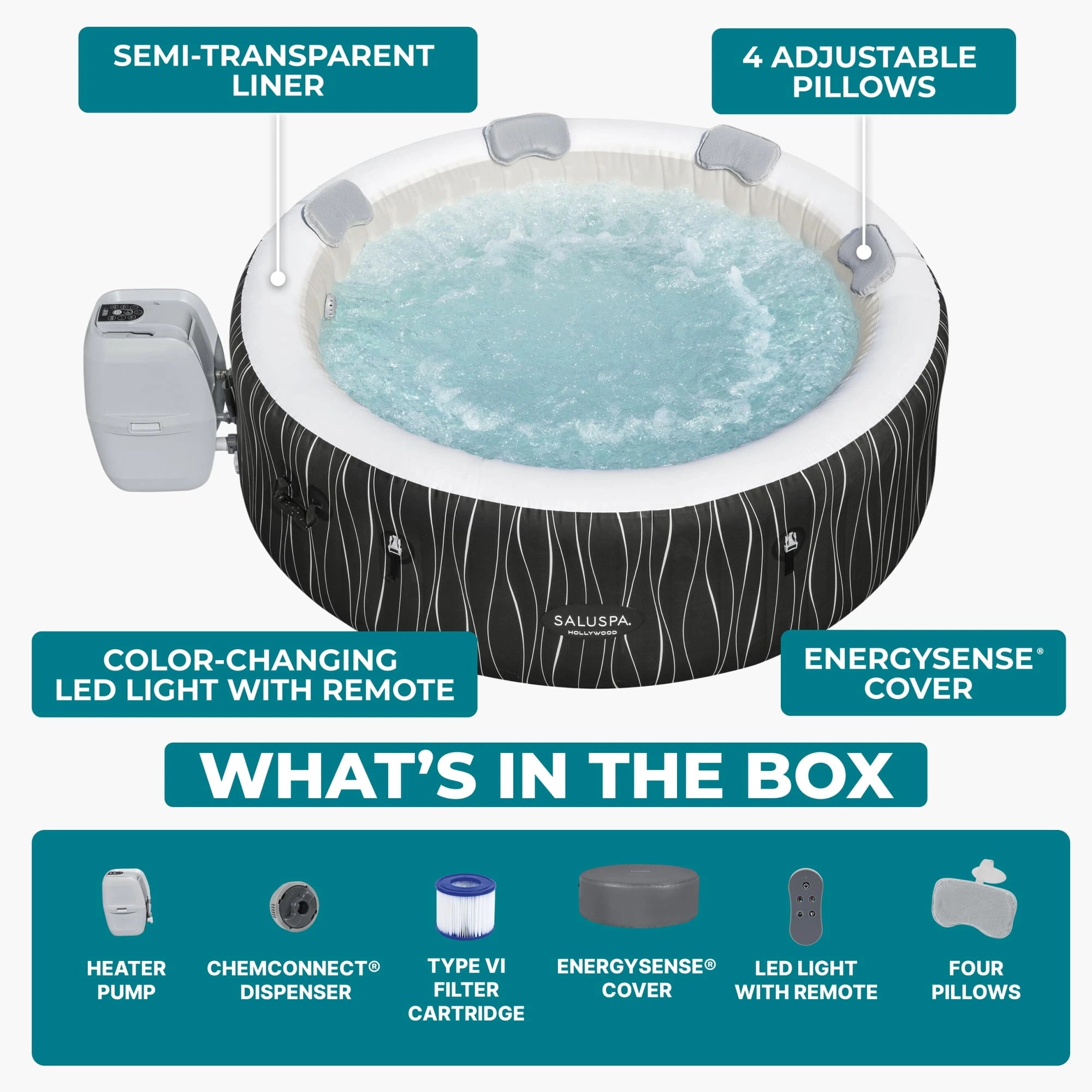 Bestway SaluSpa Hollywood Luxe 4-6 Person Inflatable Hot Tub, Round Energy-Efficient Spa, 77″ x 26″ image 3