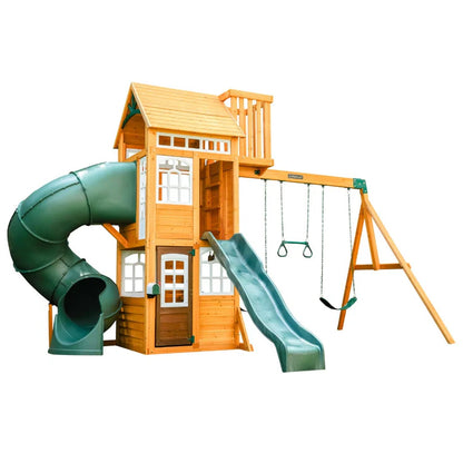 KidKraft Ridgemoor Perch Wood Swing Set with Playhouse, Rock Wall, and Tunnel Slide image 16