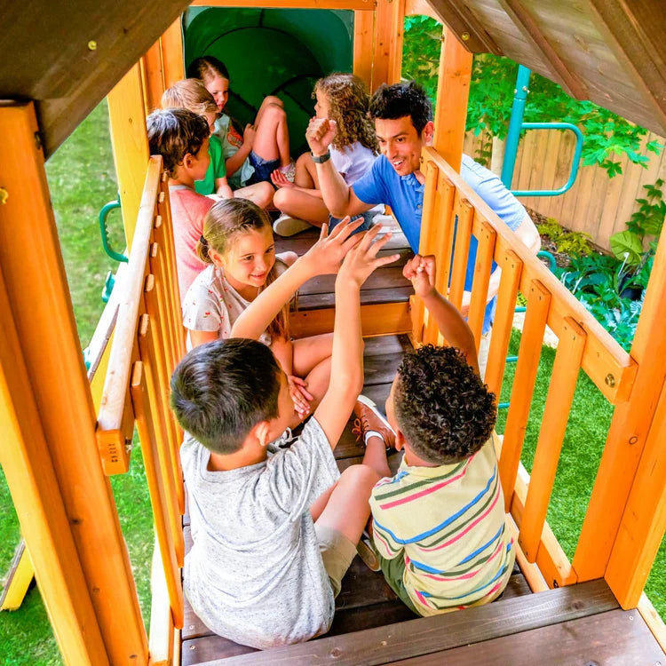 KidKraft Adventure Bend Two-Story Wood Swing Set with Clubhouse, Triple Slide, and Acrobar image 17