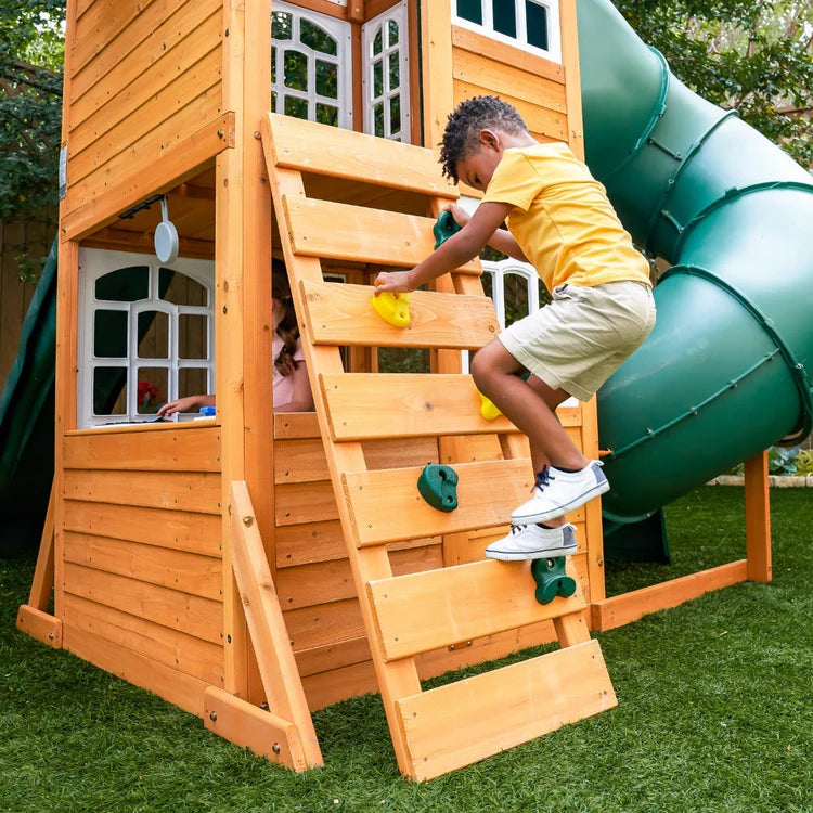 KidKraft Ridgemoor Perch Wood Swing Set with Playhouse, Rock Wall, and Tunnel Slide image 6