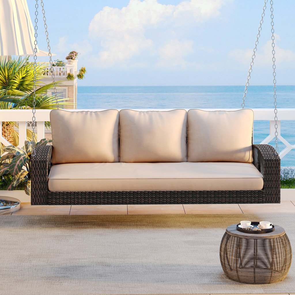 69″ Brown Woven Rattan Outdoor Swing Chair with Beige Cushions image 1