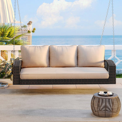 69″ Brown Woven Rattan Outdoor Swing Chair with Beige Cushions image 1