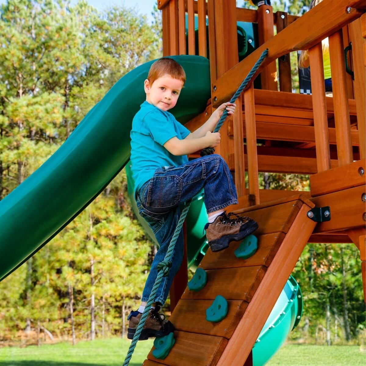 Gorilla Playsets Empire Extreme Wooden Swing Set with Monkey Bars, Clatter Bridge, Tower, and 3 Slides image 4