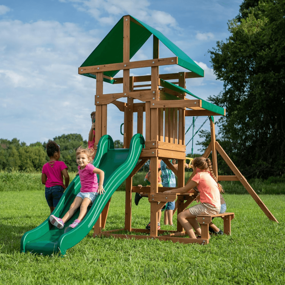Canyon Creek All Cedar Swing Set Playset w/ Rockwall Upper Fort Belt Swings Web Swing Gray Wave Slide, and Play Kitchen image 4