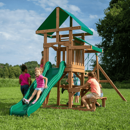 Canyon Creek All Cedar Swing Set Playset w/ Rockwall Upper Fort Belt Swings Web Swing Gray Wave Slide, and Play Kitchen image 4