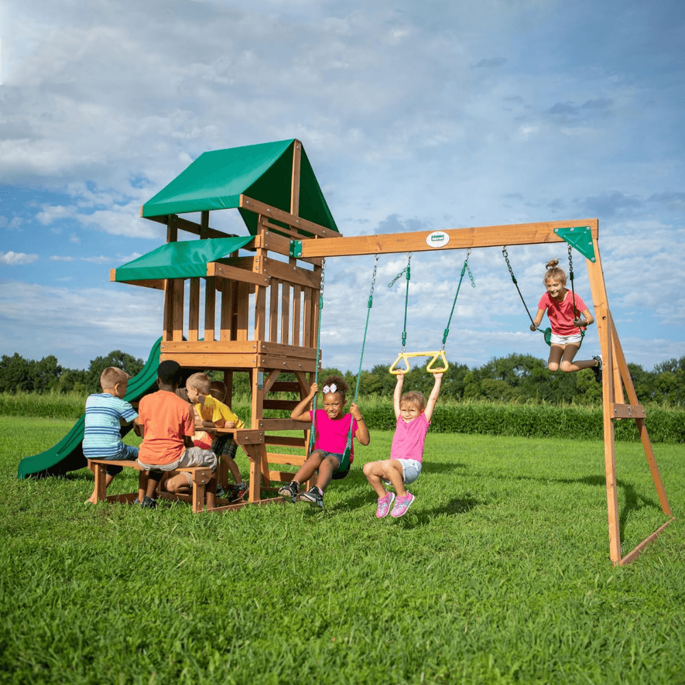 Canyon Creek All Cedar Swing Set Playset w/ Rockwall Upper Fort Belt Swings Web Swing Gray Wave Slide, and Play Kitchen image 3