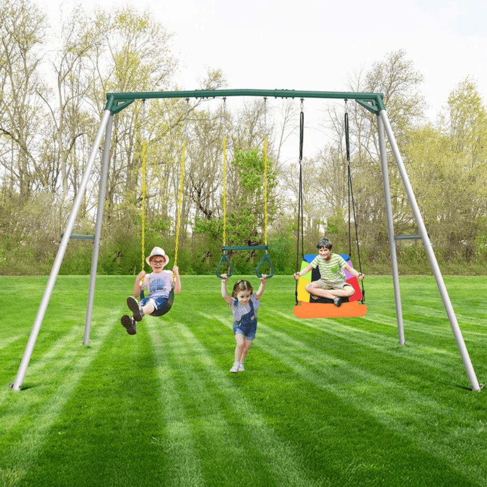 9.5′ Heavy Duty Metal Swing Set with Belt Swing, Trapeze Bar image 5