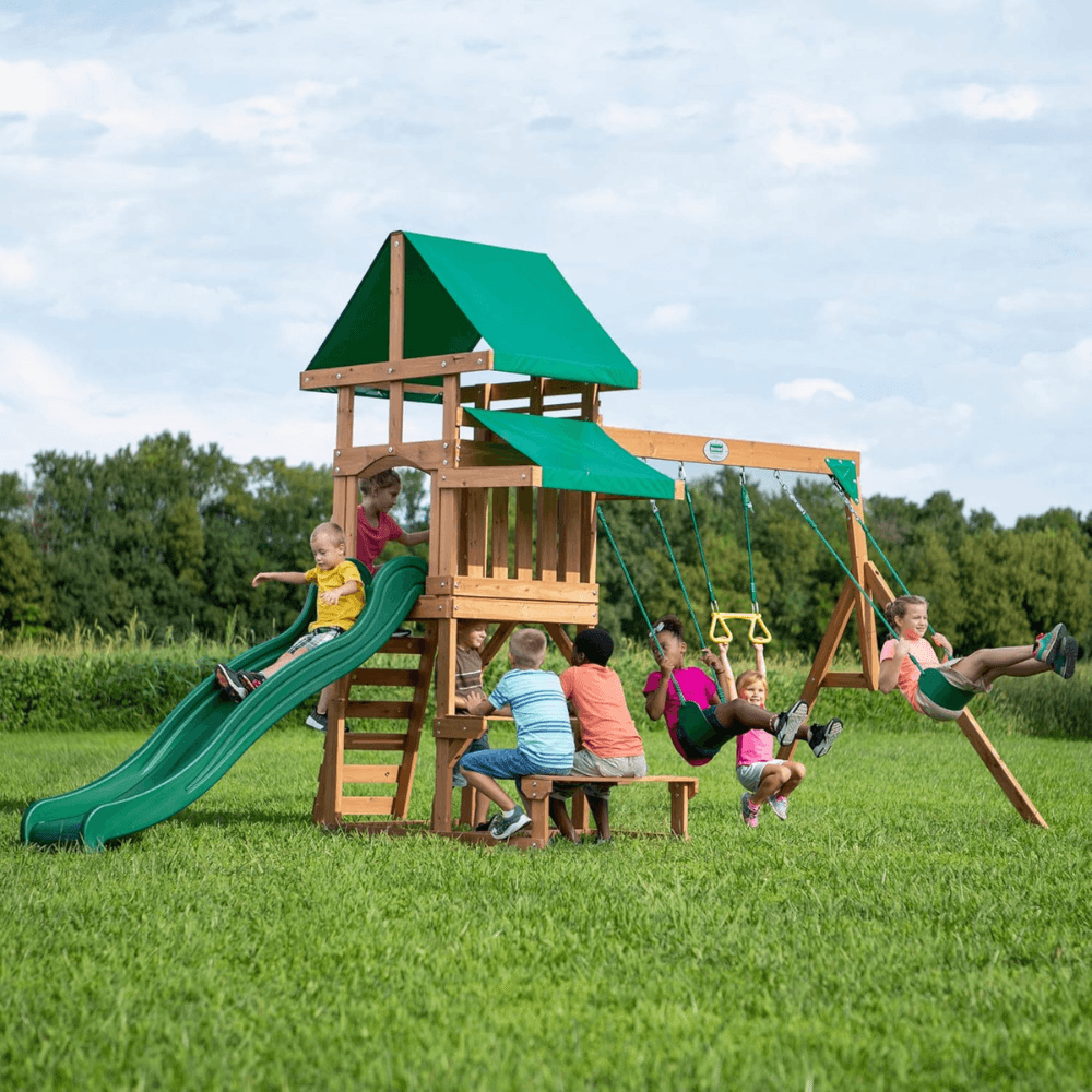 Canyon Creek All Cedar Swing Set Playset w/ Rockwall Upper Fort Belt Swings Web Swing Gray Wave Slide, and Play Kitchen image 7