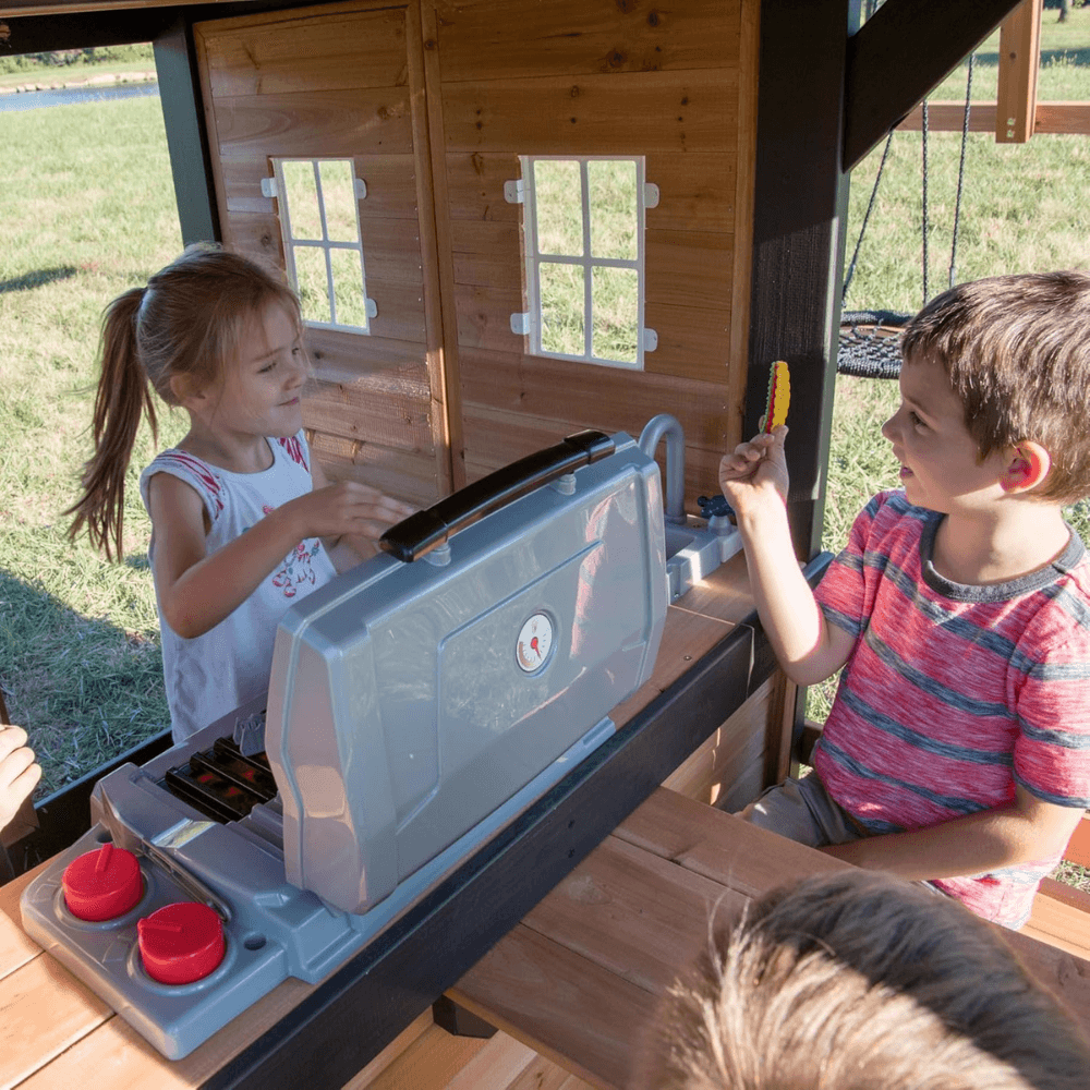 Canyon Creek All Cedar Swing Set Playset w/ Rockwall Upper Fort Belt Swings Web Swing Gray Wave Slide, and Play Kitchen image 6