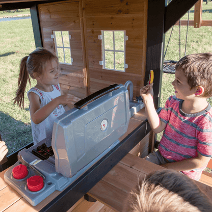Canyon Creek All Cedar Swing Set Playset w/ Rockwall Upper Fort Belt Swings Web Swing Gray Wave Slide, and Play Kitchen image 6