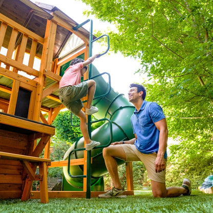 KidKraft Adventure Bend Two-Story Wood Swing Set with Clubhouse, Triple Slide, and Acrobar image 8