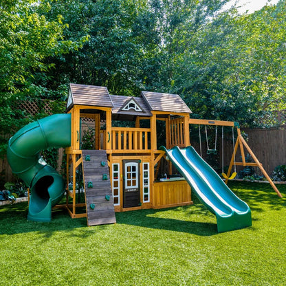 KidKraft Adventure Bend Two-Story Wood Swing Set with Clubhouse, Triple Slide, and Acrobar image 9