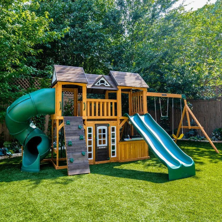 KidKraft Adventure Bend Two-Story Wood Swing Set with Clubhouse, Triple Slide, and Acrobar image 9