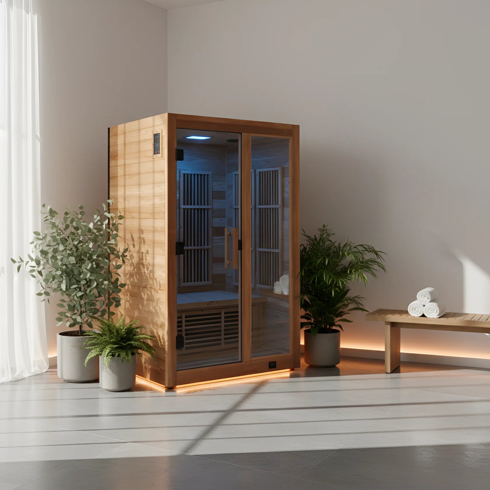 Rylan 2-Person Cedar Wood Indoor Infrared Sauna with Red Light Therapy and Chromotherapy image 2