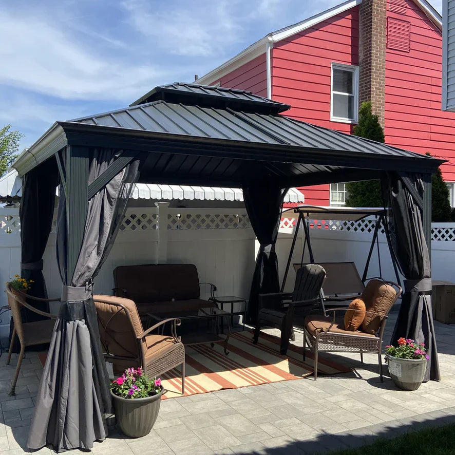PURPLE LEAF 10X14 Patio Gazebo for Backyard Grey Hardtop Galvanized Steel Roof Awning with Upgrade Curtain image 1