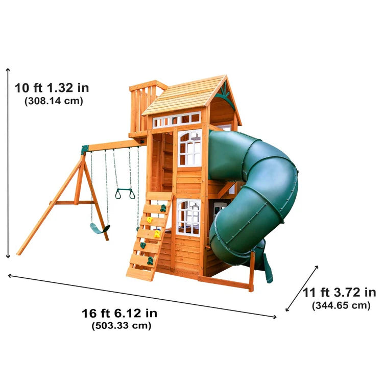 KidKraft Ridgemoor Perch Wood Swing Set with Playhouse, Rock Wall, and Tunnel Slide image 15