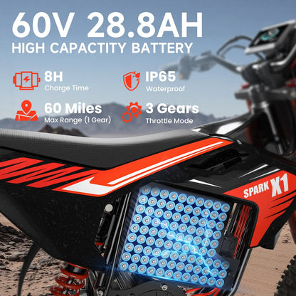 X1 Spark Electric Dirt Bike, 4500W Peak up to 60 Miles, 50MPH, 60V 28.8Ah Battery E-Bike, 14″/12″ Fat Tire Electric Motorcycle for Mountain off-Road Adults, E-Mountain Bike, Comply with UL2849 by SGS image 4