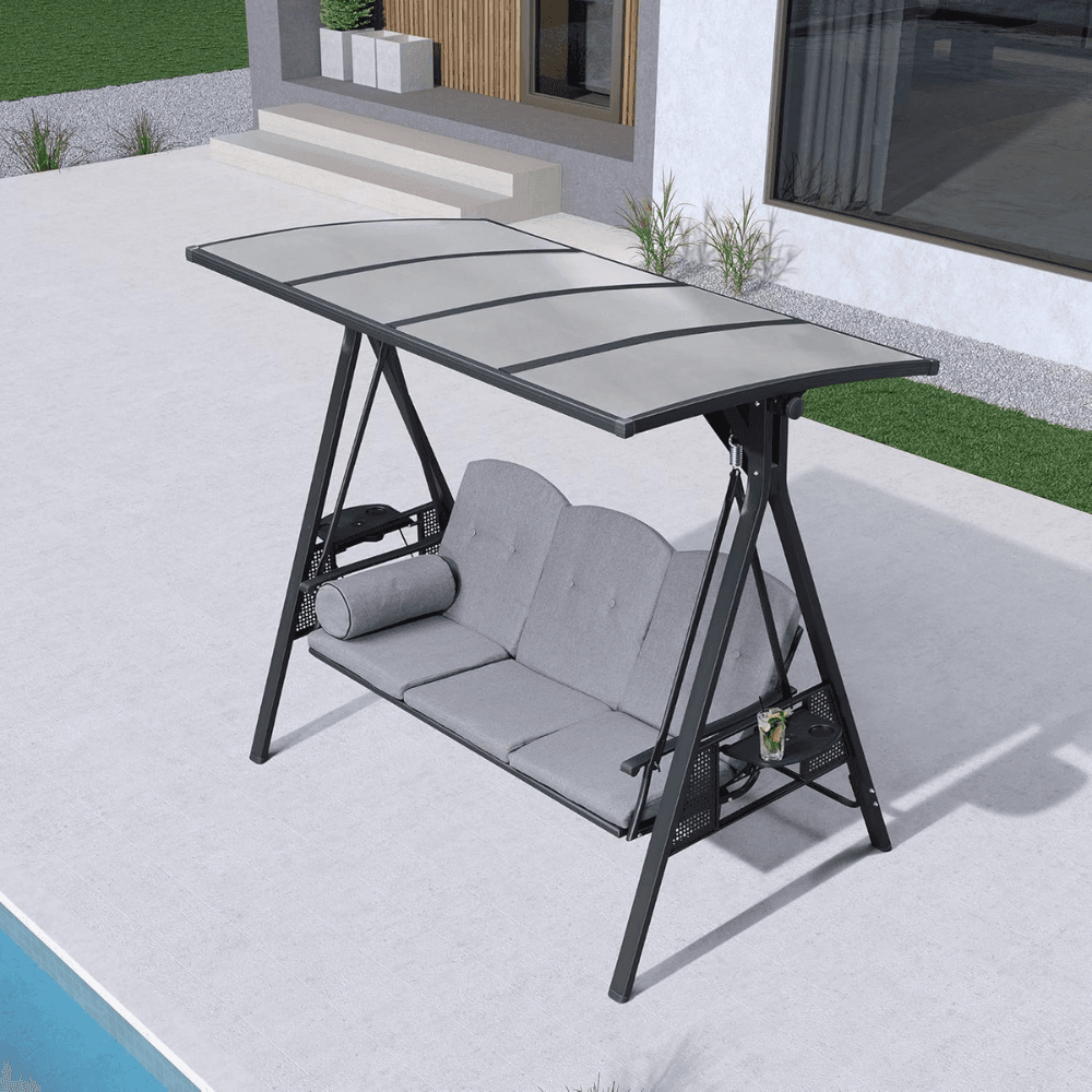 PURPLE LEAF 3-seat Outdoor Patio Porch Swing Adjustable Backrest, Cushions and Pillow Included image 5