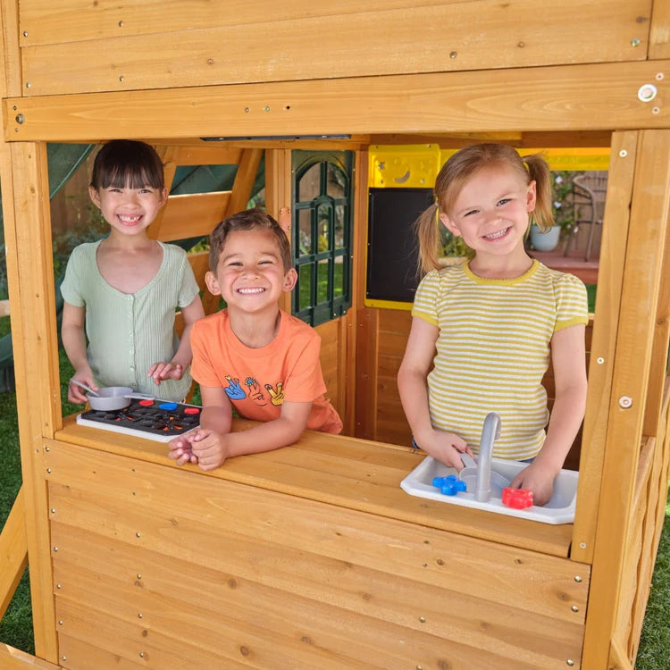KidKraft Overland Heights Wood Swing Set with Monkey Bars, Double Wave Slide, and Play Kitchen image 5