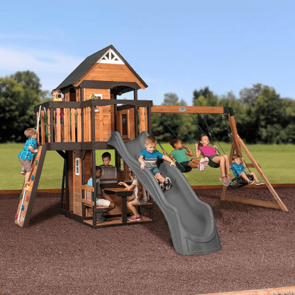 Canyon Creek All Cedar Swing Set Playset w/ Rockwall Upper Fort Belt Swings Web Swing Gray Wave Slide, and Play Kitchen image 1