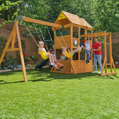 KidKraft Overland Heights Wood Swing Set with Monkey Bars, Double Wave Slide, and Play Kitchen image 3