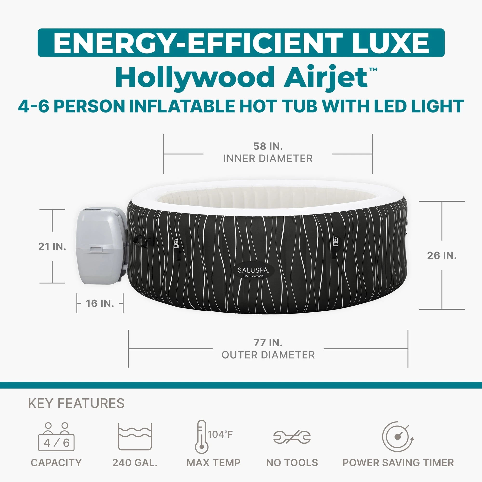 Bestway SaluSpa Hollywood Luxe 4-6 Person Inflatable Hot Tub, Round Energy-Efficient Spa, 77″ x 26″ image 2