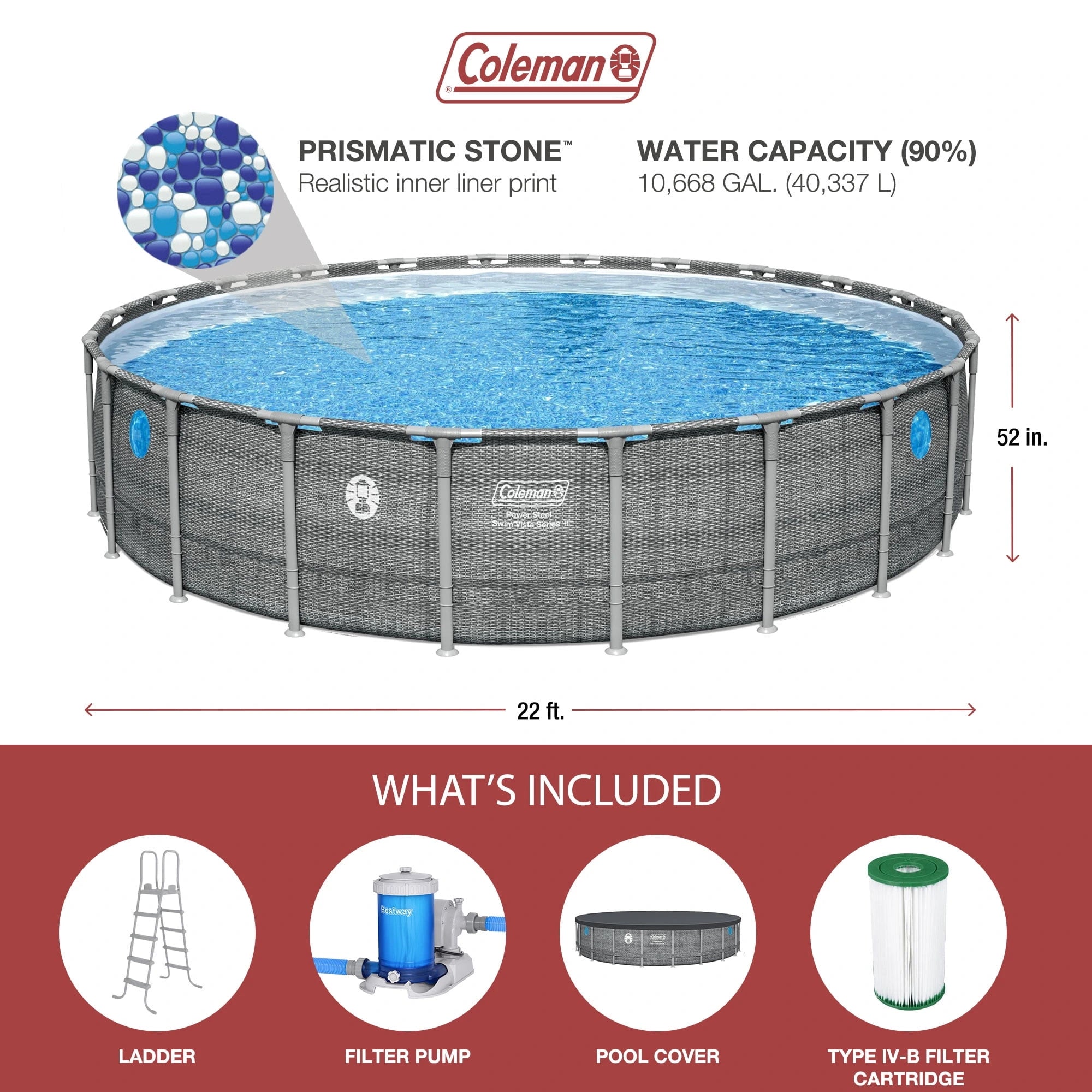 Coleman Power Steel 22’x52” Metal Frame Above Ground Pool w/ Pump, Ladder, & Cover, Gray image 6