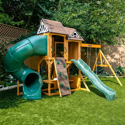 KidKraft Laurel Retreat Multi-Level Clubhouse Swing Set with Two Slides and Two Swings image 0