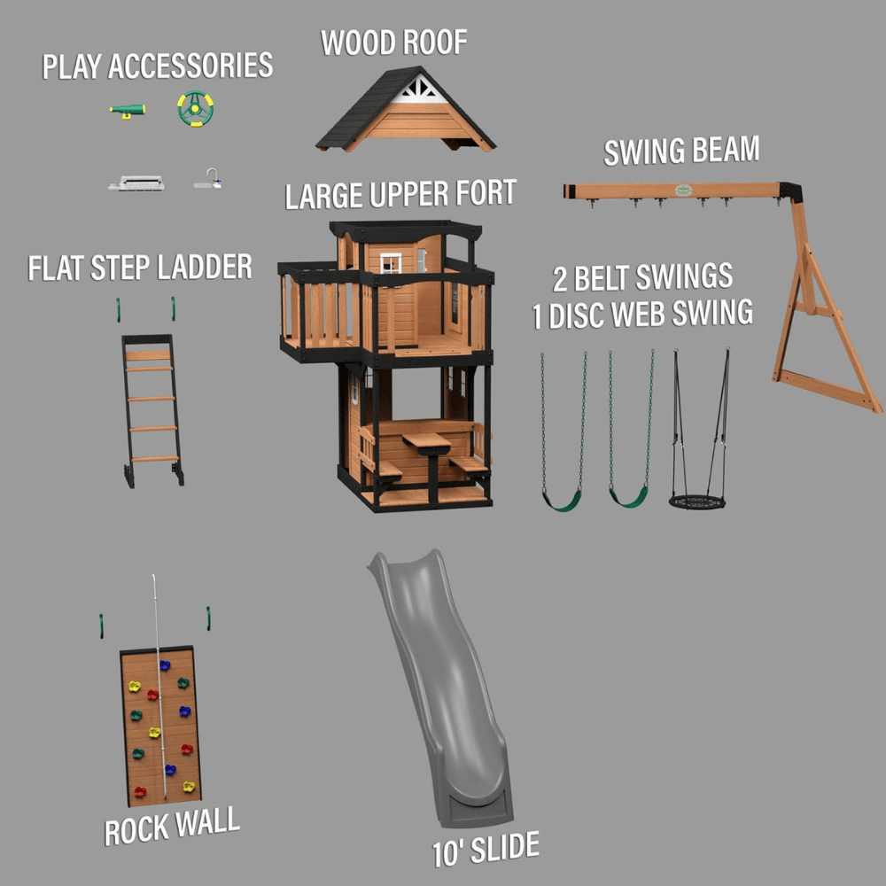 Canyon Creek All Cedar Swing Set Playset w/ Rockwall Upper Fort Belt Swings Web Swing Gray Wave Slide, and Play Kitchen image 2