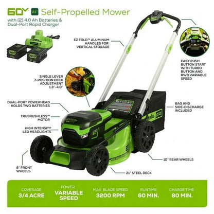 Greenworks 60V 21″ Brushless Self-Propelled Battery Powered Lawn Mower + (2) 4.0Ah Batteries & Dual Port Charger image 4