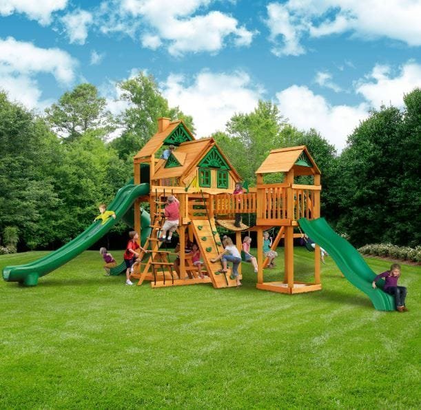 Gorilla Playsets Mountaineer Treehouse Wooden Swing Set with Tube Slide, Rope Ladder, and Sandbox image 1