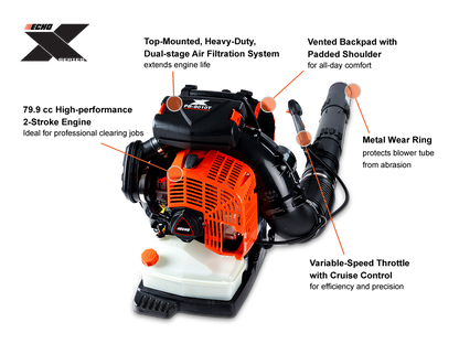 ECHO PB-9010T X Series Backpack Blower with 79.9cc Engine, 48N Blowing Force, and Vented Back Pad image 1